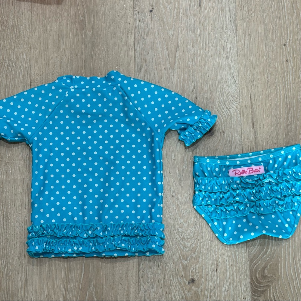 Ruffle Butts Turquoise Polka Dot Swim Set Rash Guard for Baby Girl